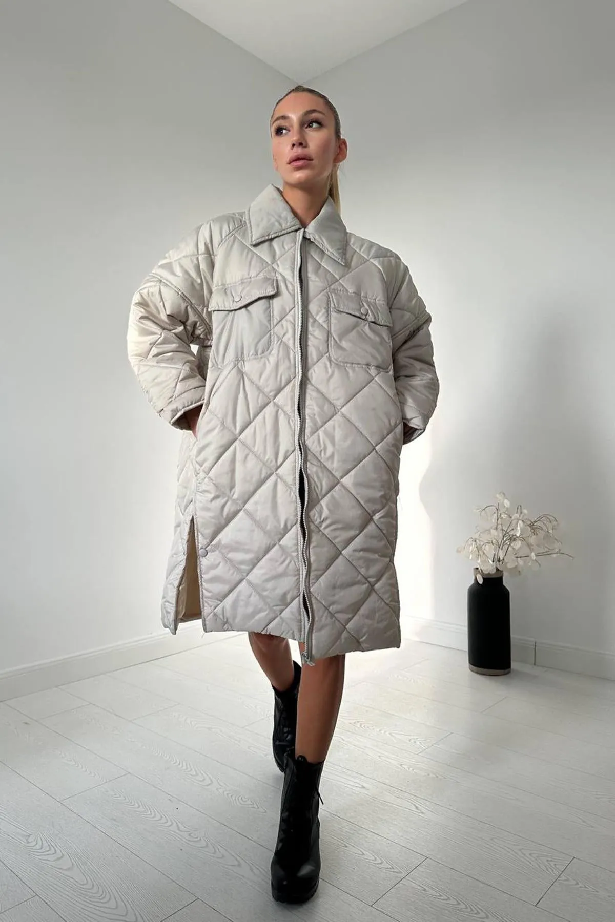 Diamond Pattern Pocket Puffer Coat