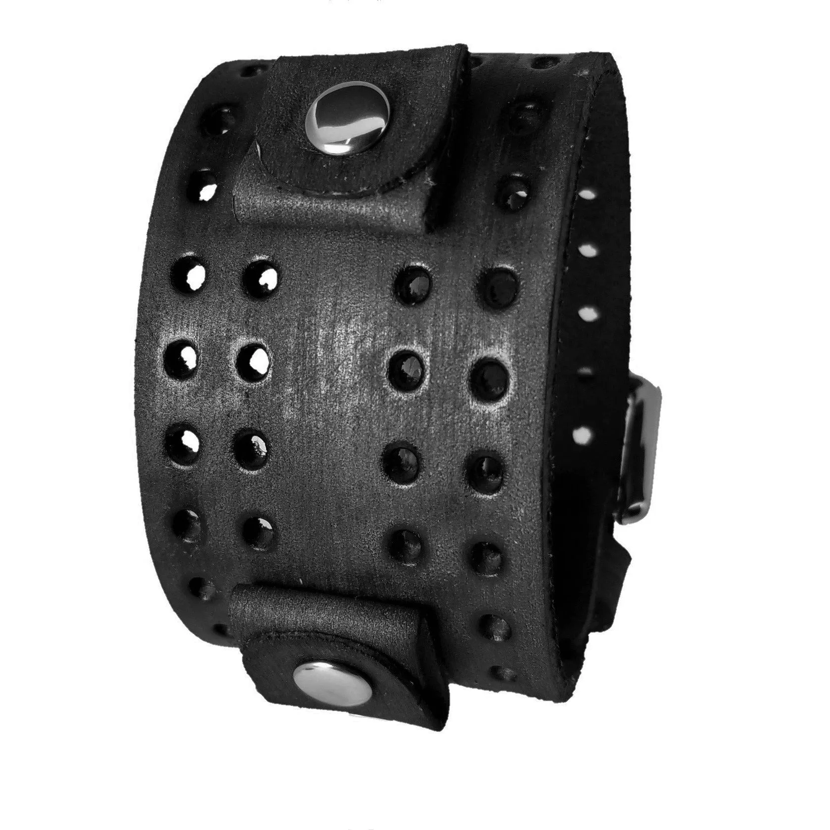 Double Perforated Distressed Black Leather Wide Cuff VLH-K