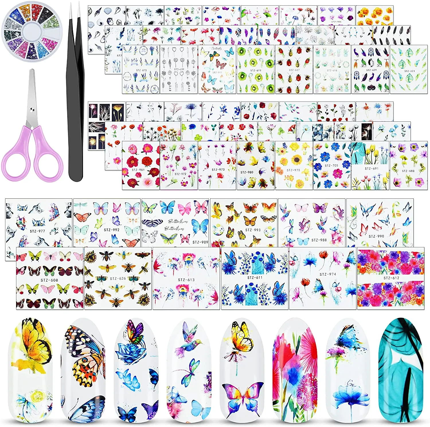 EAONE 60 Sheets Nail Art Stickers Self-Adhesive Nail Decals Water Transfer Butterfly Nail Tattoos Flowers and Leaf Nail Art Foils with Nail Gems Tweezers and Scissors for Women Girls DIY Nail Art