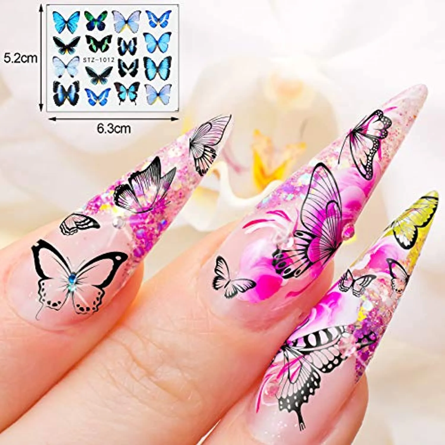 EAONE 60 Sheets Nail Art Stickers Self-Adhesive Nail Decals Water Transfer Butterfly Nail Tattoos Flowers and Leaf Nail Art Foils with Nail Gems Tweezers and Scissors for Women Girls DIY Nail Art