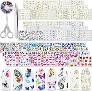 EAONE 60 Sheets Nail Art Stickers Self-Adhesive Nail Decals Water Transfer Butterfly Nail Tattoos Flowers and Leaf Nail Art Foils with Nail Gems Tweezers and Scissors for Women Girls DIY Nail Art