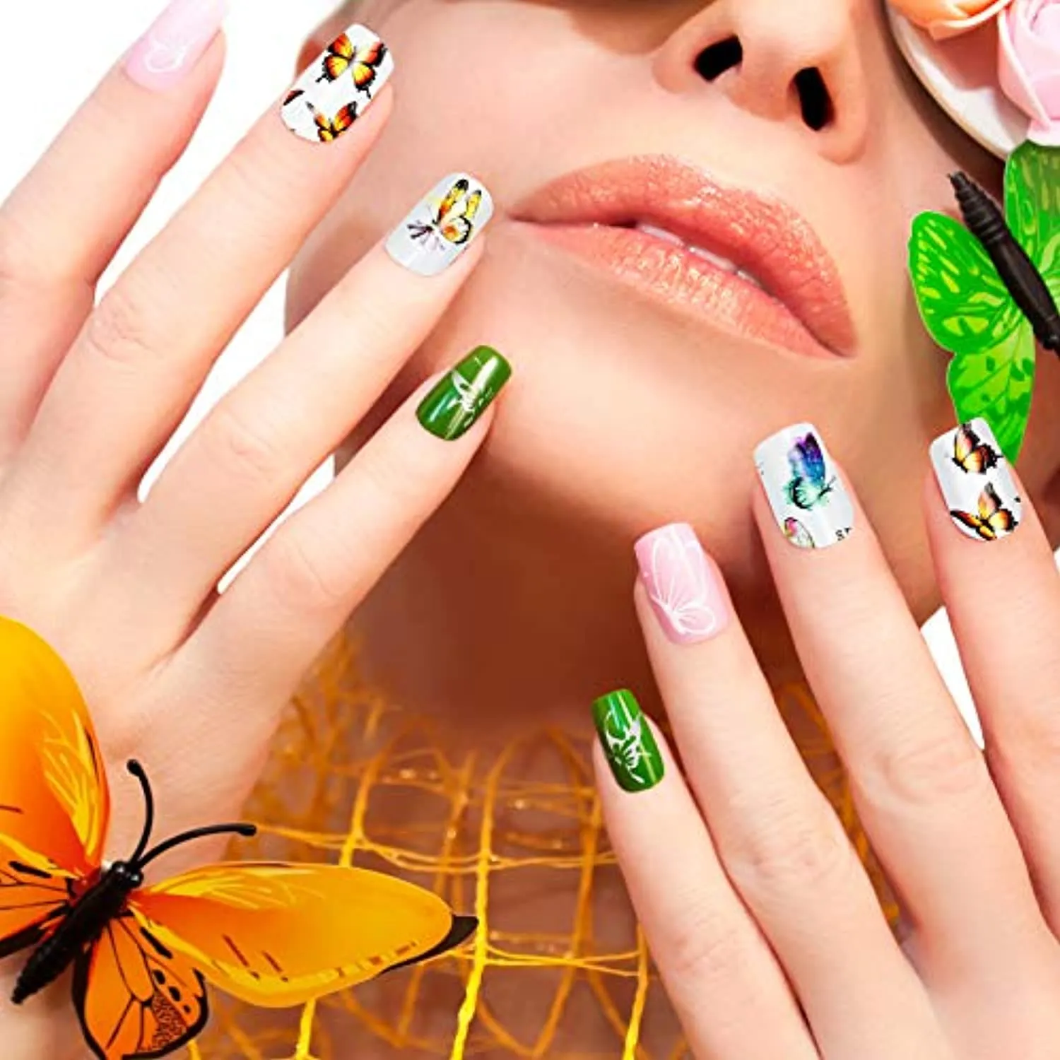 EAONE 60 Sheets Nail Art Stickers Self-Adhesive Nail Decals Water Transfer Butterfly Nail Tattoos Flowers and Leaf Nail Art Foils with Nail Gems Tweezers and Scissors for Women Girls DIY Nail Art