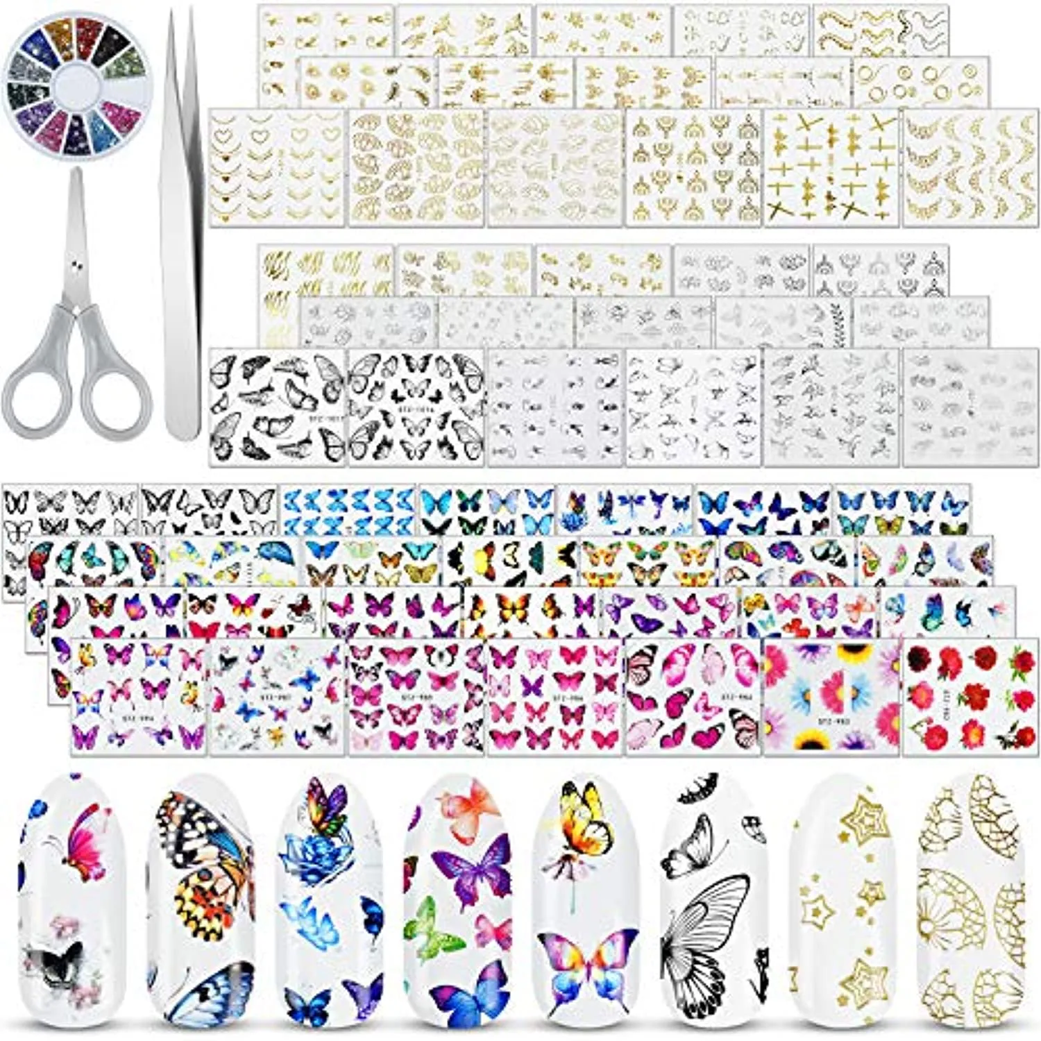 EAONE 60 Sheets Nail Art Stickers Self-Adhesive Nail Decals Water Transfer Butterfly Nail Tattoos Flowers and Leaf Nail Art Foils with Nail Gems Tweezers and Scissors for Women Girls DIY Nail Art