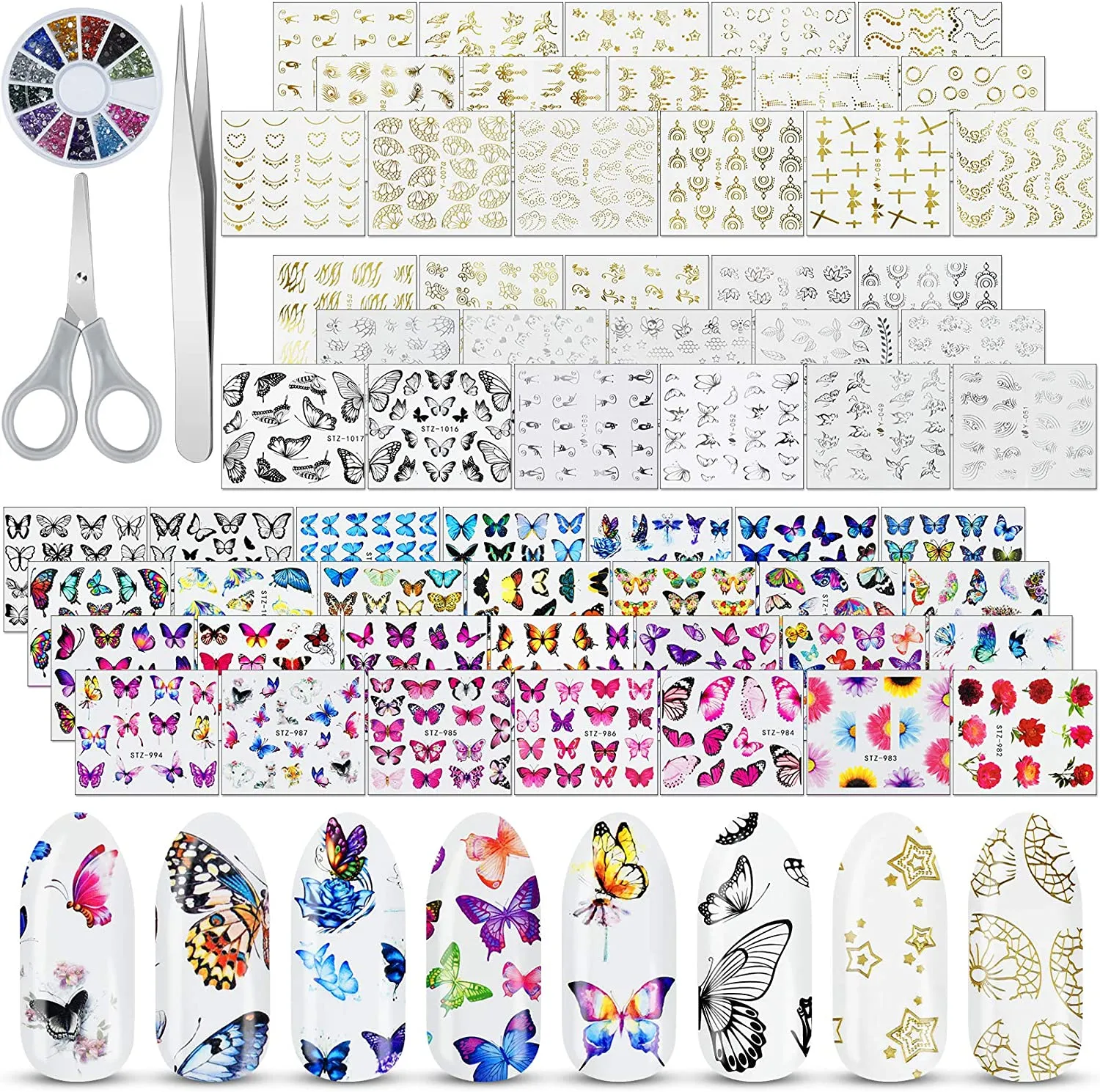 EAONE 60 Sheets Nail Art Stickers Self-Adhesive Nail Decals Water Transfer Butterfly Nail Tattoos Flowers and Leaf Nail Art Foils with Nail Gems Tweezers and Scissors for Women Girls DIY Nail Art