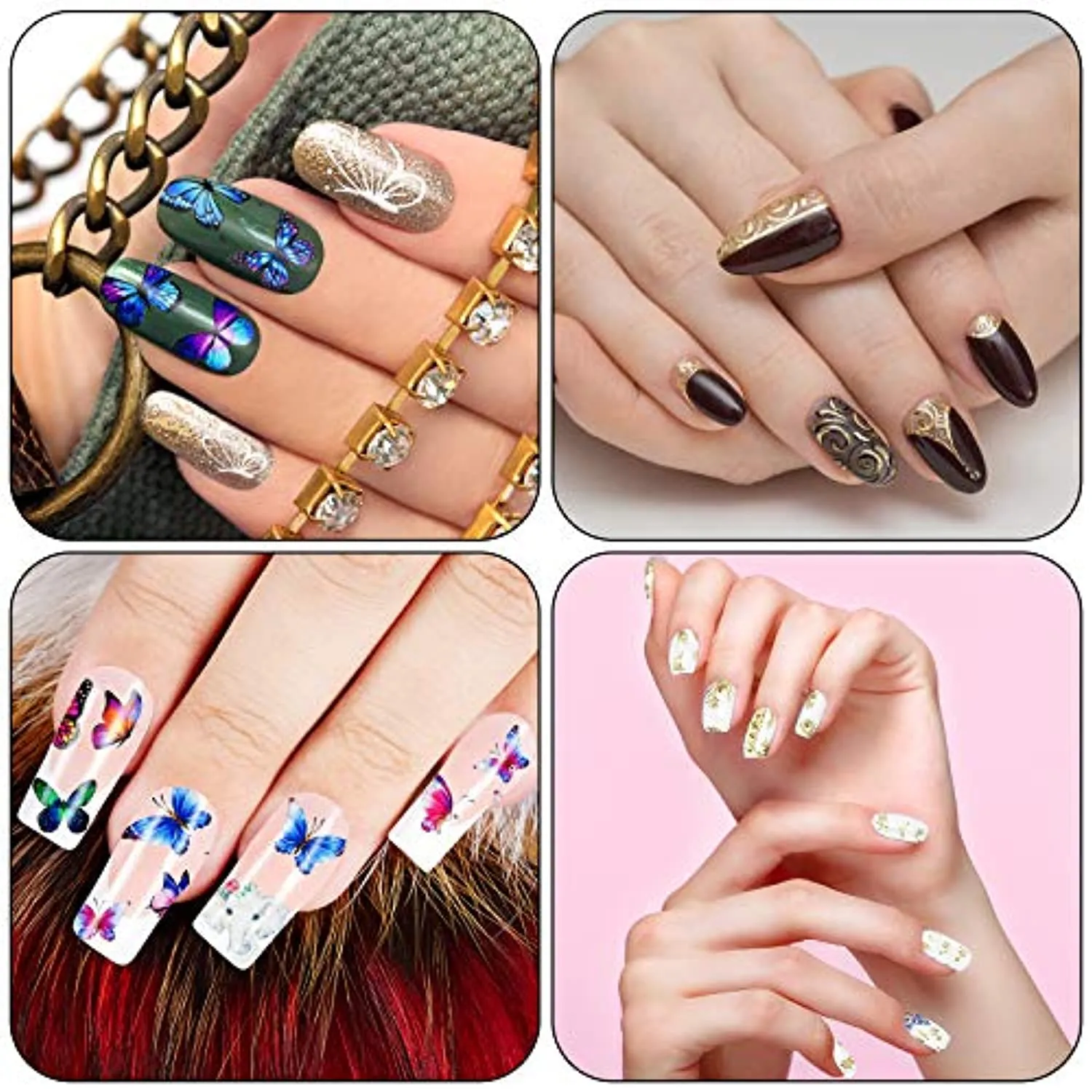 EAONE 60 Sheets Nail Art Stickers Self-Adhesive Nail Decals Water Transfer Butterfly Nail Tattoos Flowers and Leaf Nail Art Foils with Nail Gems Tweezers and Scissors for Women Girls DIY Nail Art
