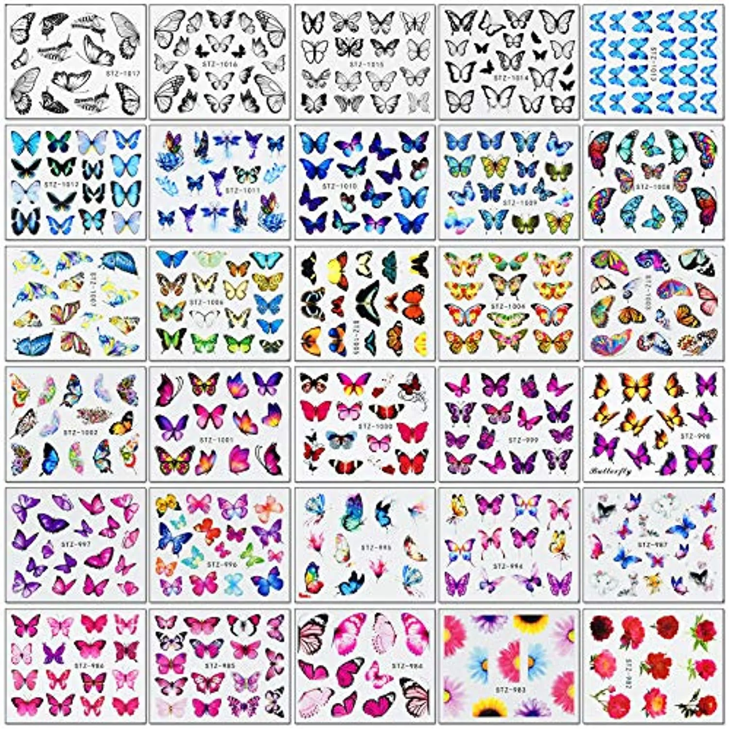 EAONE 60 Sheets Nail Art Stickers Self-Adhesive Nail Decals Water Transfer Butterfly Nail Tattoos Flowers and Leaf Nail Art Foils with Nail Gems Tweezers and Scissors for Women Girls DIY Nail Art