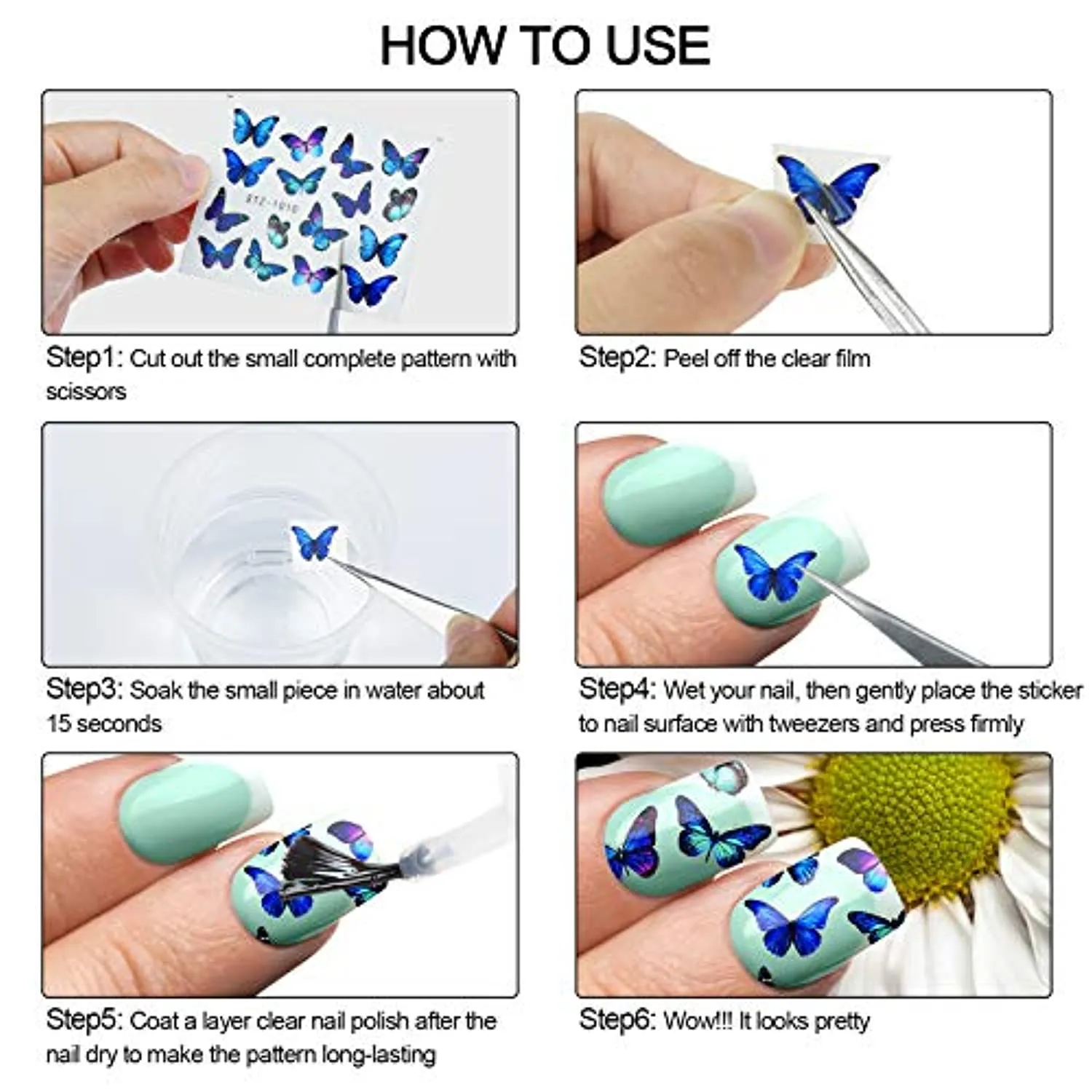 EAONE 60 Sheets Nail Art Stickers Self-Adhesive Nail Decals Water Transfer Butterfly Nail Tattoos Flowers and Leaf Nail Art Foils with Nail Gems Tweezers and Scissors for Women Girls DIY Nail Art