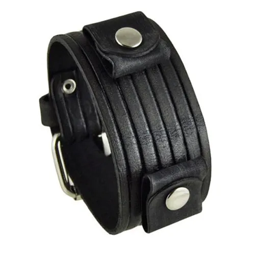 Embossed Stripes Distressed Black Leather Ladies Cuff