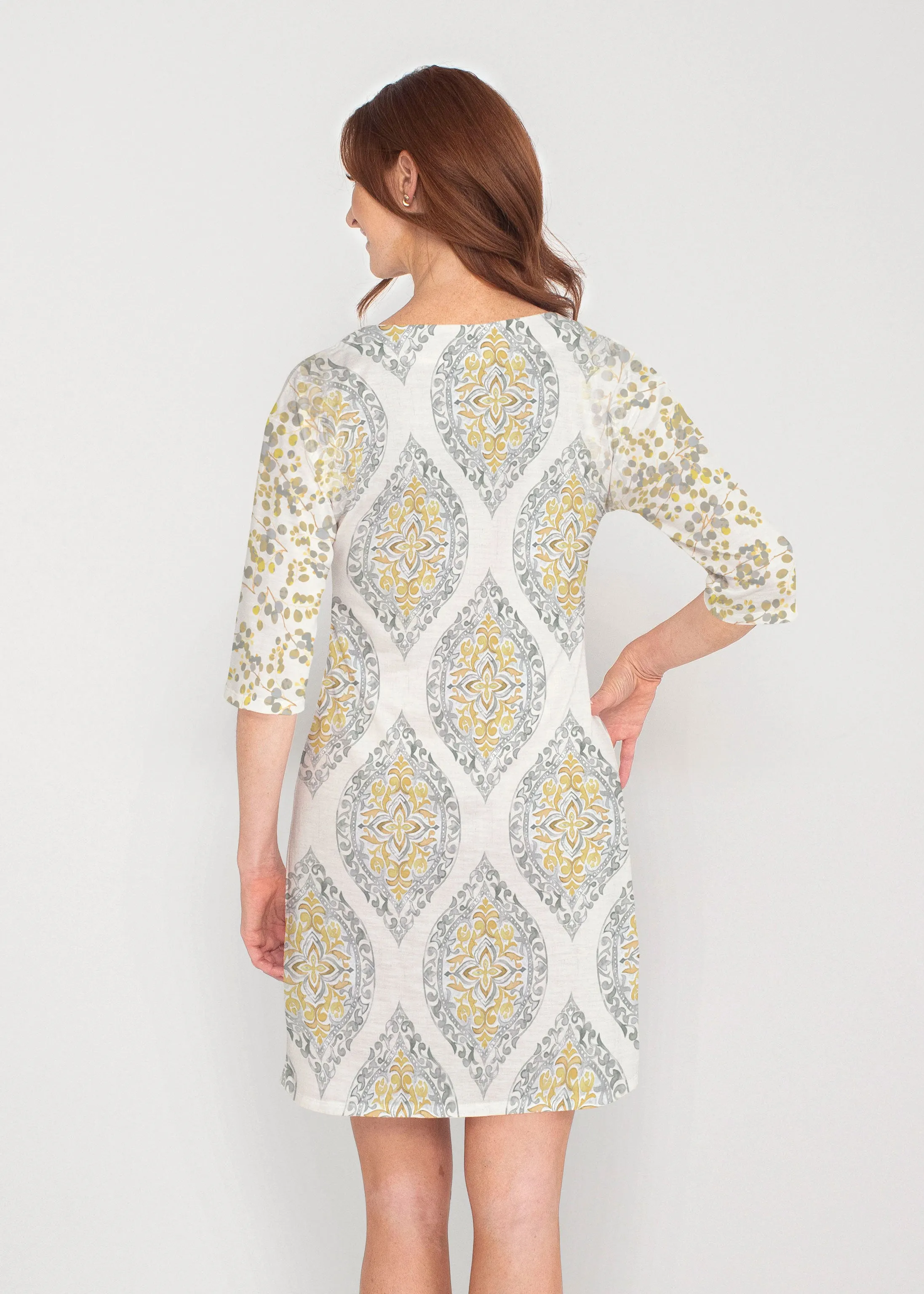Etched Motif (8014) ~ Drop Shoulder 3/4 Sleeve V-Neck Dress