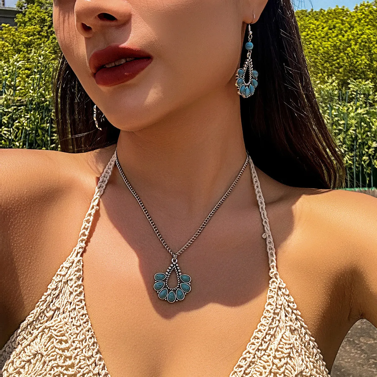 Europe and America Cross Border Beach Water Drop Tassel Niche Necklace Jewelry Sweet Cool Hot Girl Ethnic Bohemian Tophus Necklace