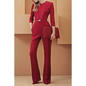 Fashionable Jewel Neck Solid Color 3/4 Sleeve Jumpsuit For Women - Red S