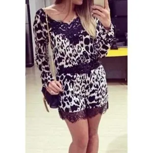Fashionable V-Neck Lace Splicing Leopard Pattern Long Sleeve Romper For Women - Black Xl