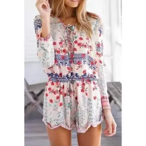 Fashionable V-Neck Tie-Up Tiny Floral Long Sleeve Romper For Women - S