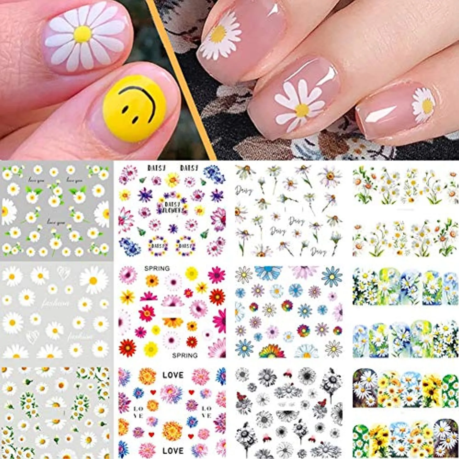 Firot,Daisy Nail Art Stickers Decals Nail Stickers for Acrylic Nails Flower Water Transfer Nail Stickers Nail Art Supplies Daisy Nail Decals Nail Art Decorations 12 Sheets