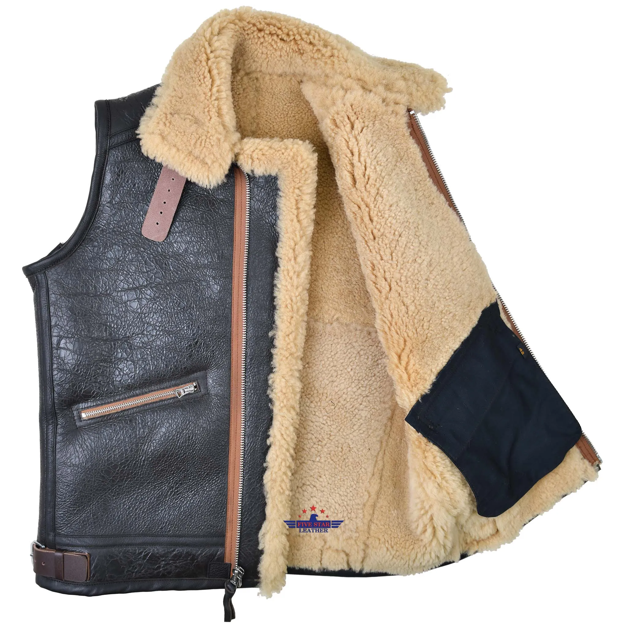 FiveStar Leather Sports Vintage B3 Vest with Side Entry Seal Brown sheepskin