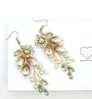 Floral Pearl Prom Earrings, Wedding Boho Gold Wire Flower Earrings, Bridal Dangle Earrings