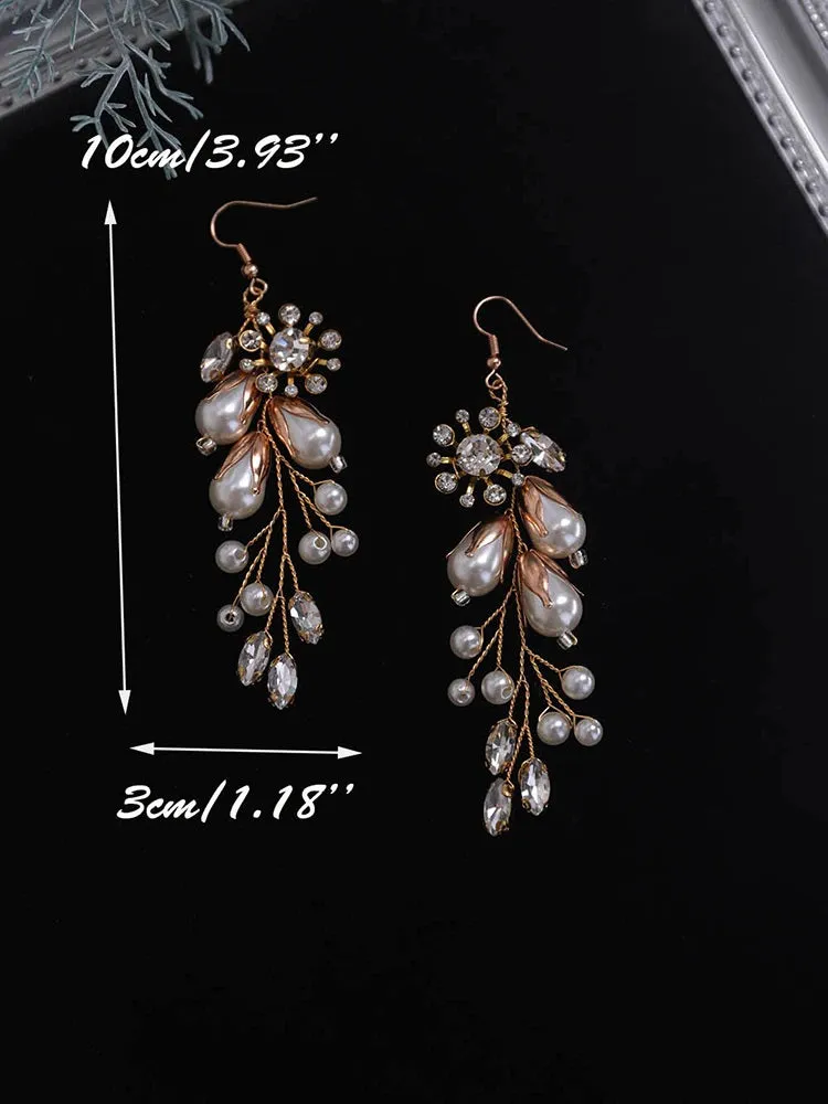 Floral Pearl Prom Earrings, Wedding Boho Gold Wire Flower Earrings, Bridal Dangle Earrings