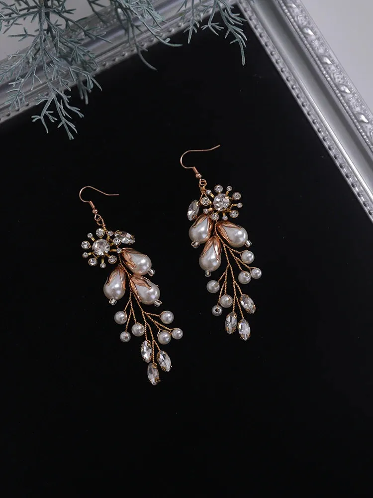 Floral Pearl Prom Earrings, Wedding Boho Gold Wire Flower Earrings, Bridal Dangle Earrings