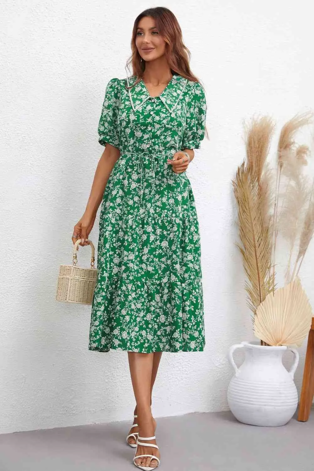 Floral Tie Waist Puff Sleeve Midi Dress (2 Colors)