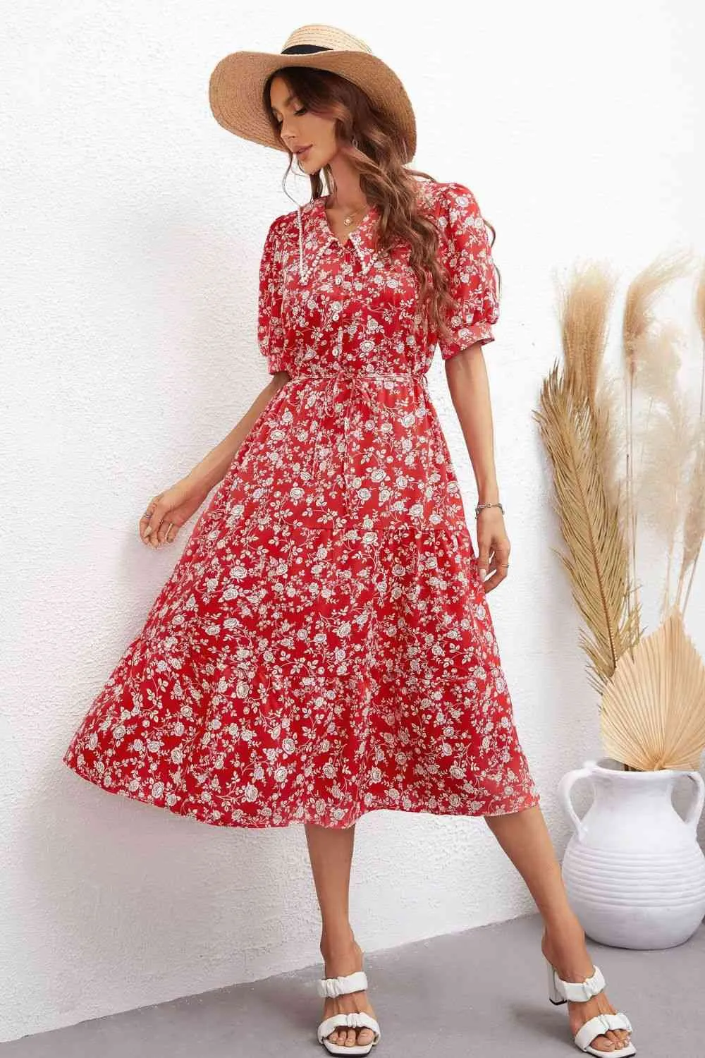 Floral Tie Waist Puff Sleeve Midi Dress (2 Colors)