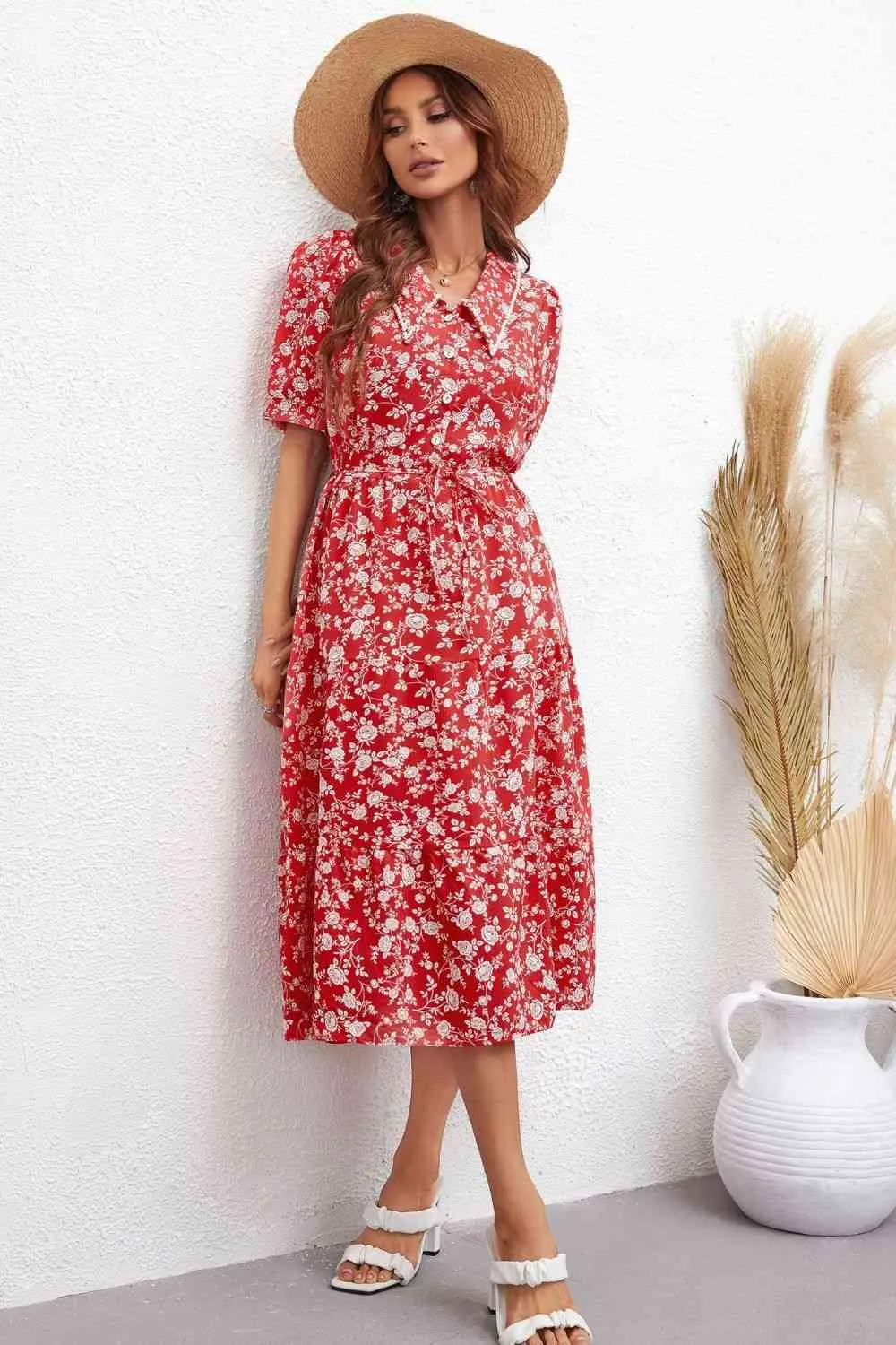 Floral Tie Waist Puff Sleeve Midi Dress (2 Colors)