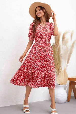 Floral Tie Waist Puff Sleeve Midi Dress (2 Colors)