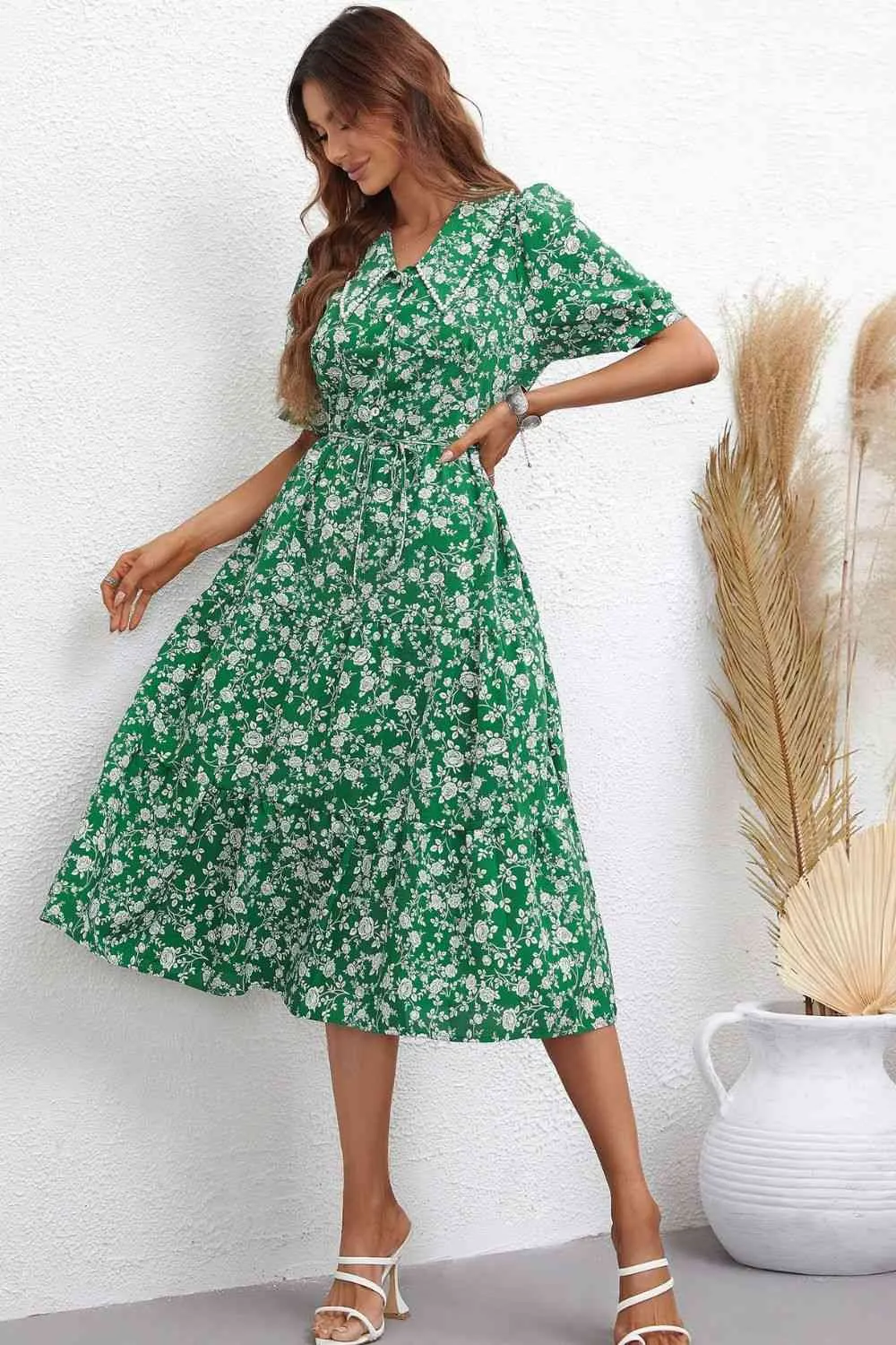 Floral Tie Waist Puff Sleeve Midi Dress (2 Colors)