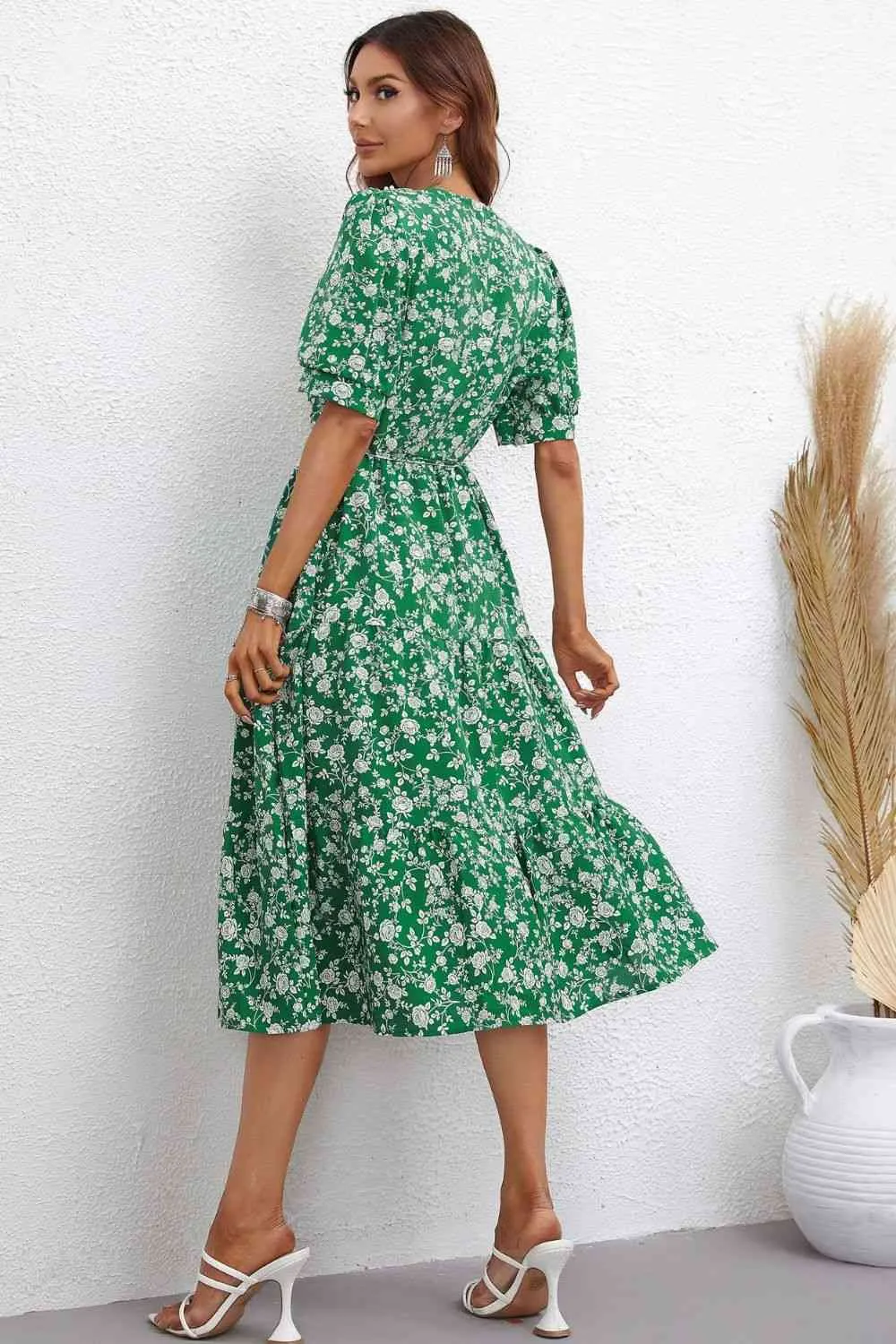 Floral Tie Waist Puff Sleeve Midi Dress (2 Colors)