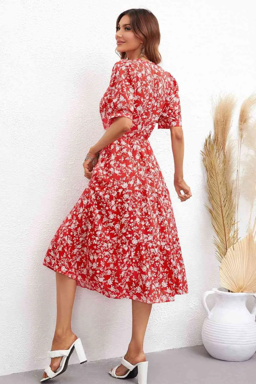 Floral Tie Waist Puff Sleeve Midi Dress (2 Colors)