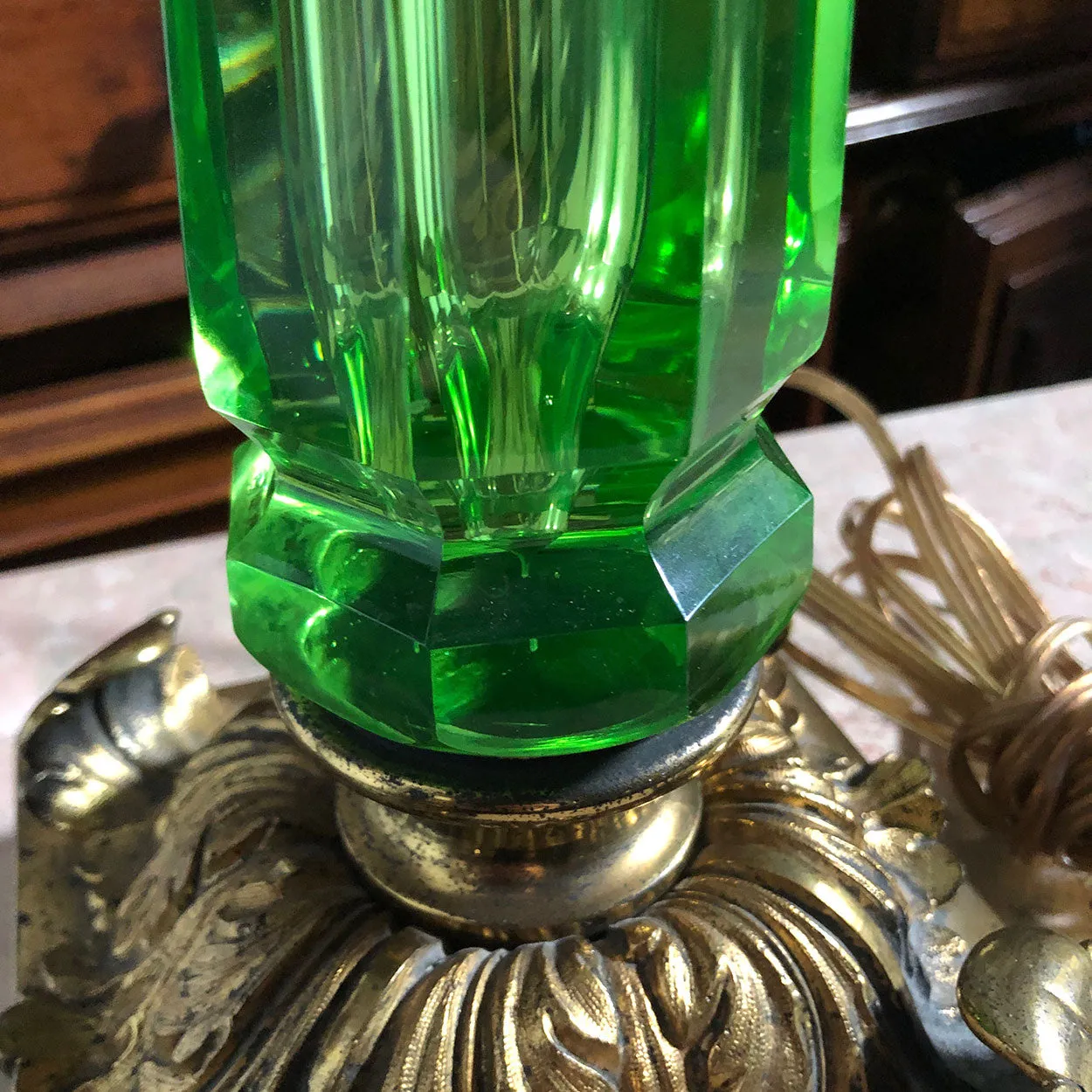 French Gilt Bronze, Green Crystal and Clear Glass Two-Light Table Lamp