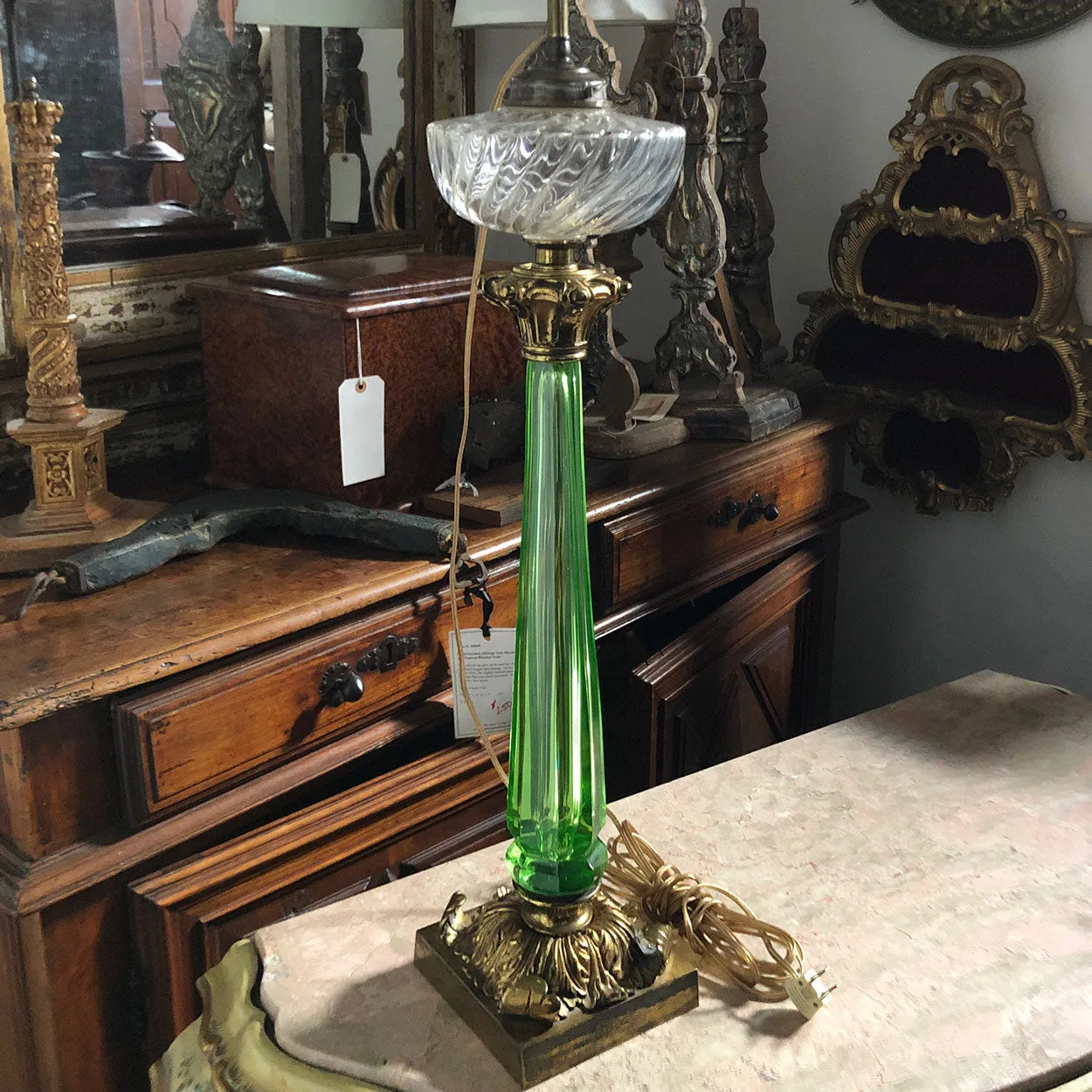 French Gilt Bronze, Green Crystal and Clear Glass Two-Light Table Lamp