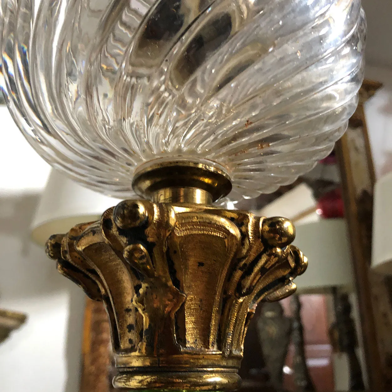 French Gilt Bronze, Green Crystal and Clear Glass Two-Light Table Lamp