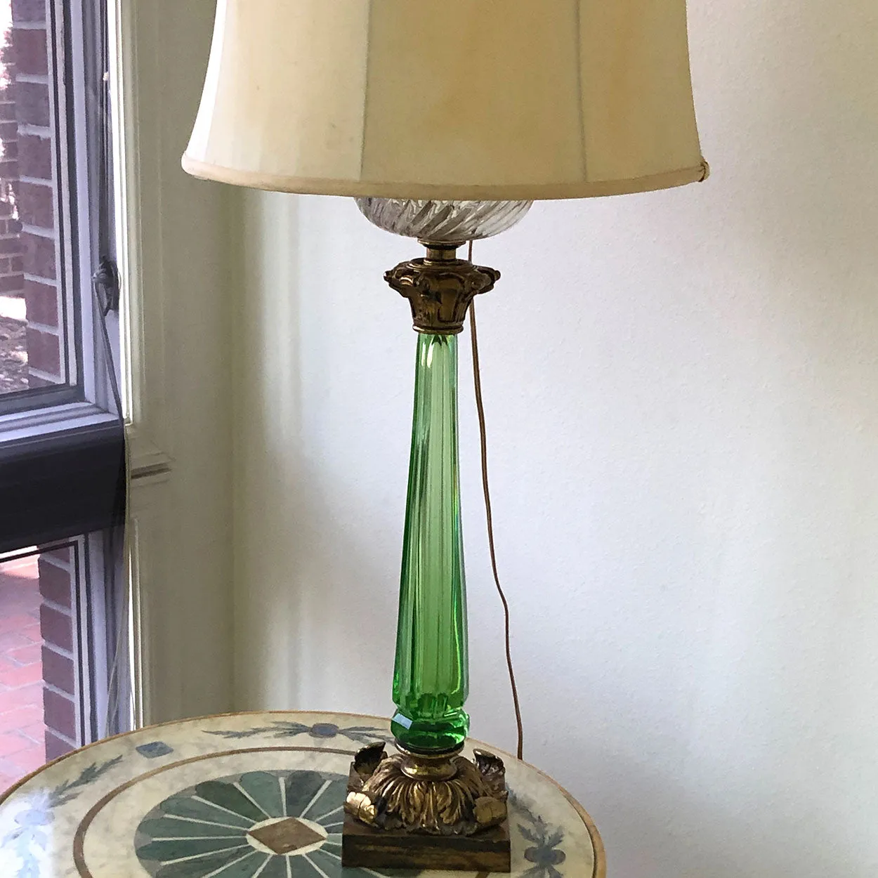 French Gilt Bronze, Green Crystal and Clear Glass Two-Light Table Lamp