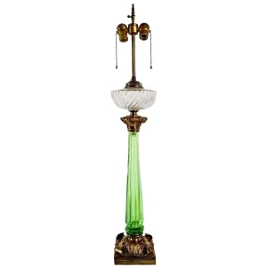 French Gilt Bronze, Green Crystal and Clear Glass Two-Light Table Lamp