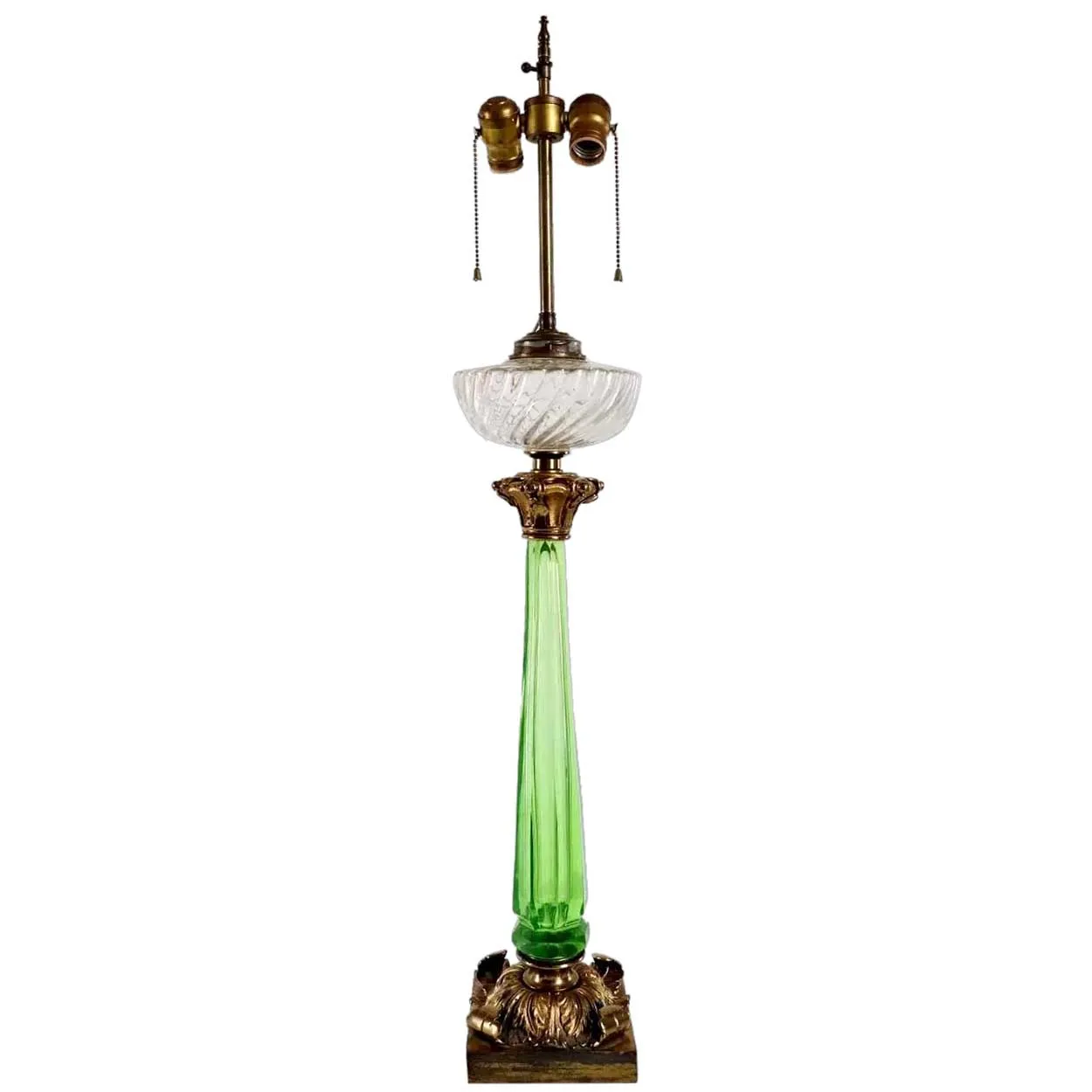 French Gilt Bronze, Green Crystal and Clear Glass Two-Light Table Lamp