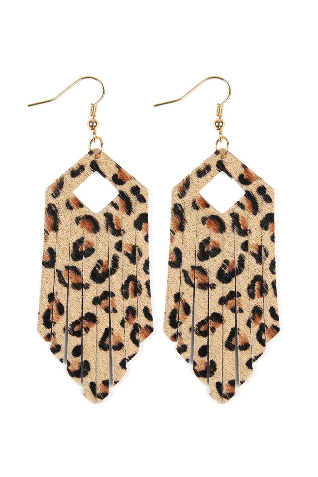 FRINGE HEXAGON LEOPARD LEATHER HOOK EARRINGS