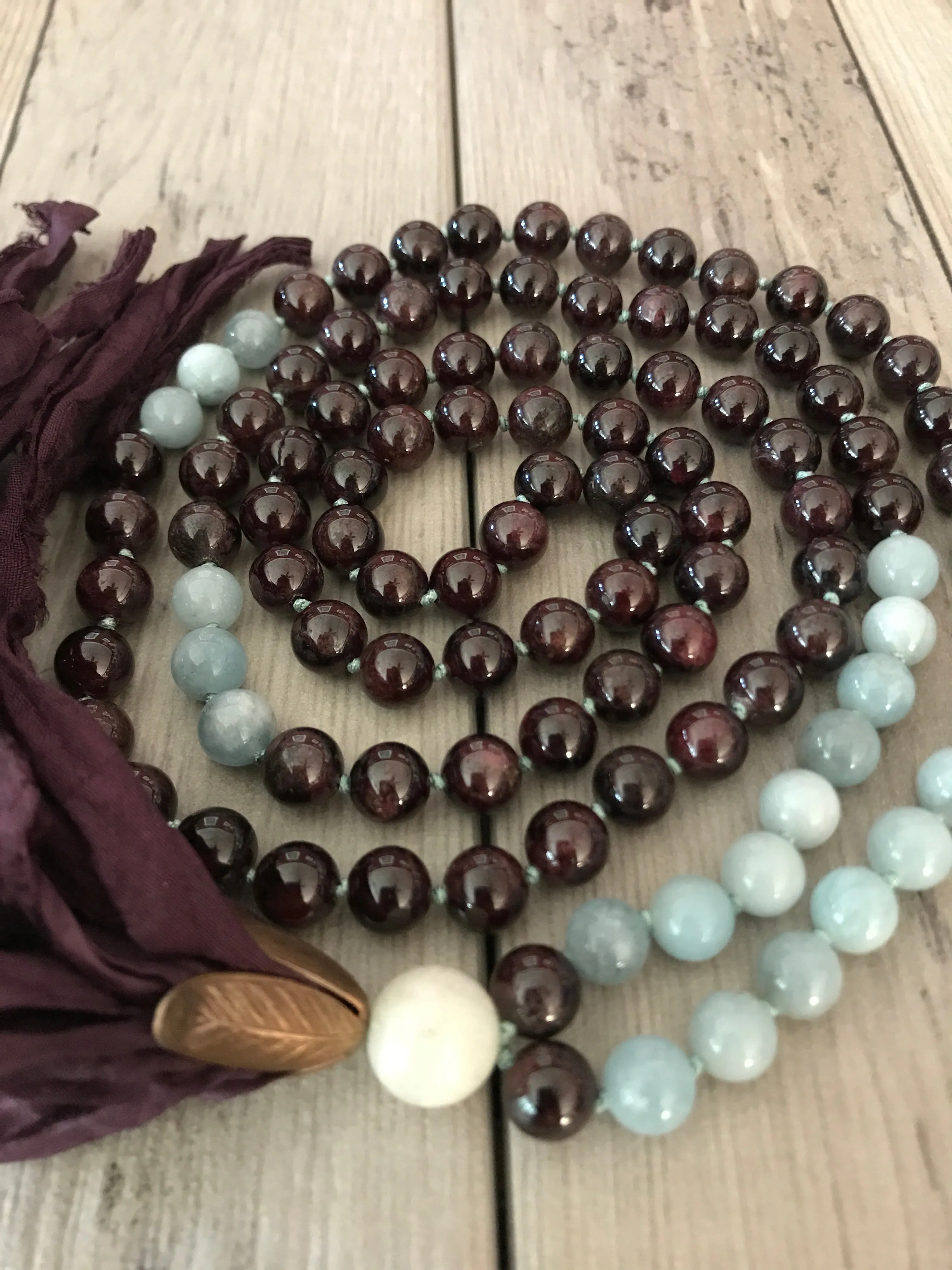 Garnet and Aquamarine Mala Necklace