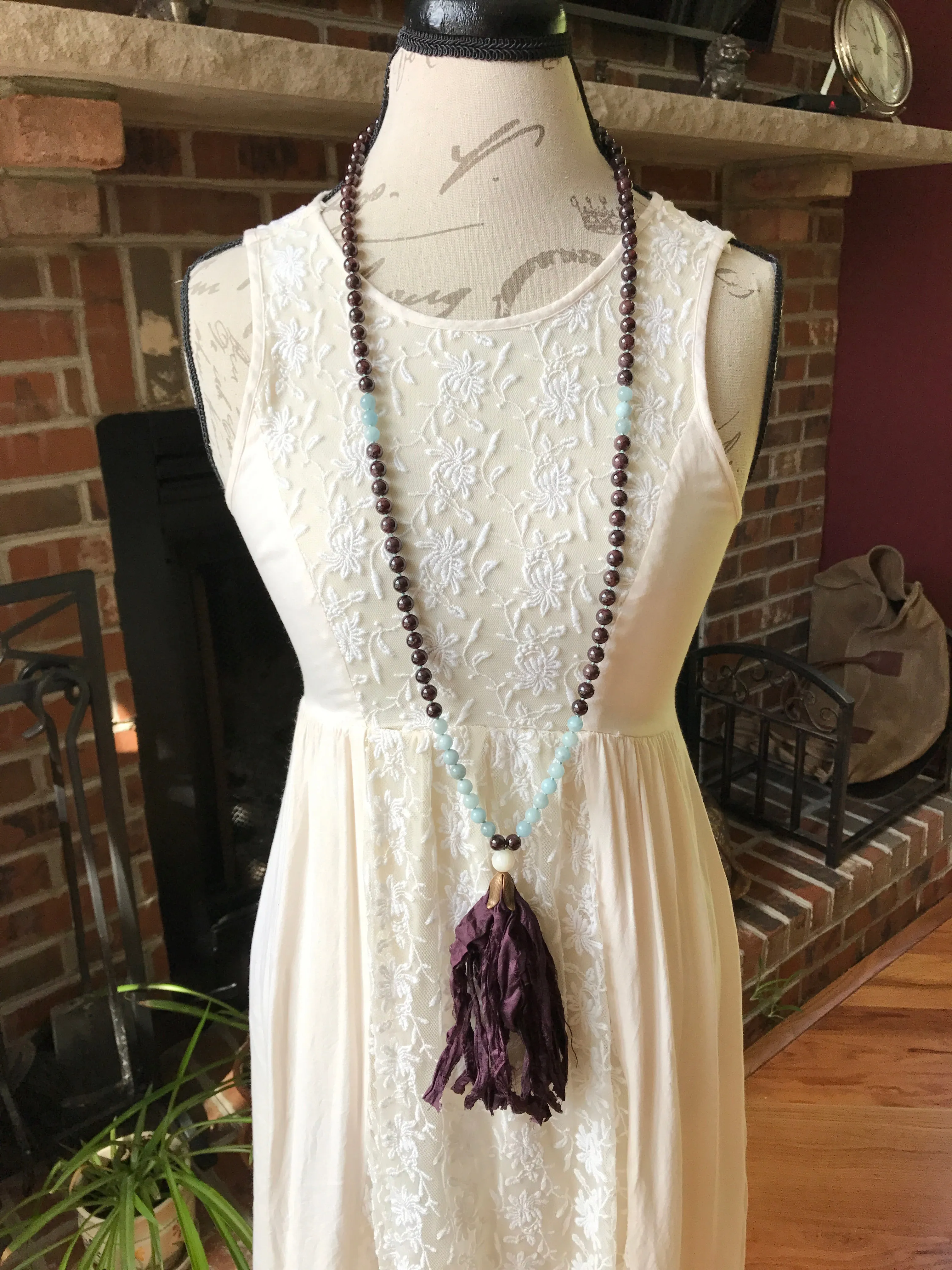 Garnet and Aquamarine Mala Necklace
