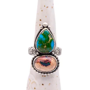 Goddess Ring - Sterling Silver Sonoran Mountain Turquoise & Mexican Fire Opal / U.S. Size 9