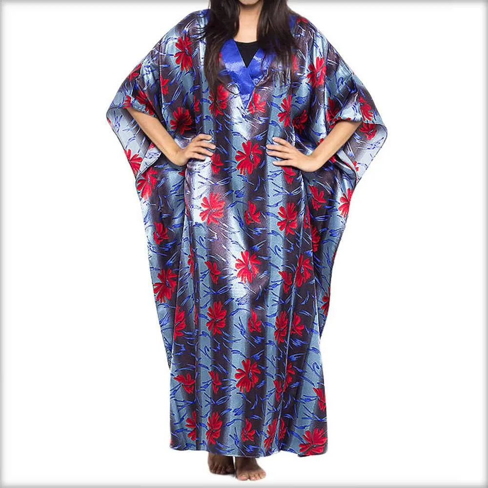 Grey Printed Long Blue V-Neck Kaftan