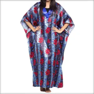 Grey Printed Long Blue V-Neck Kaftan