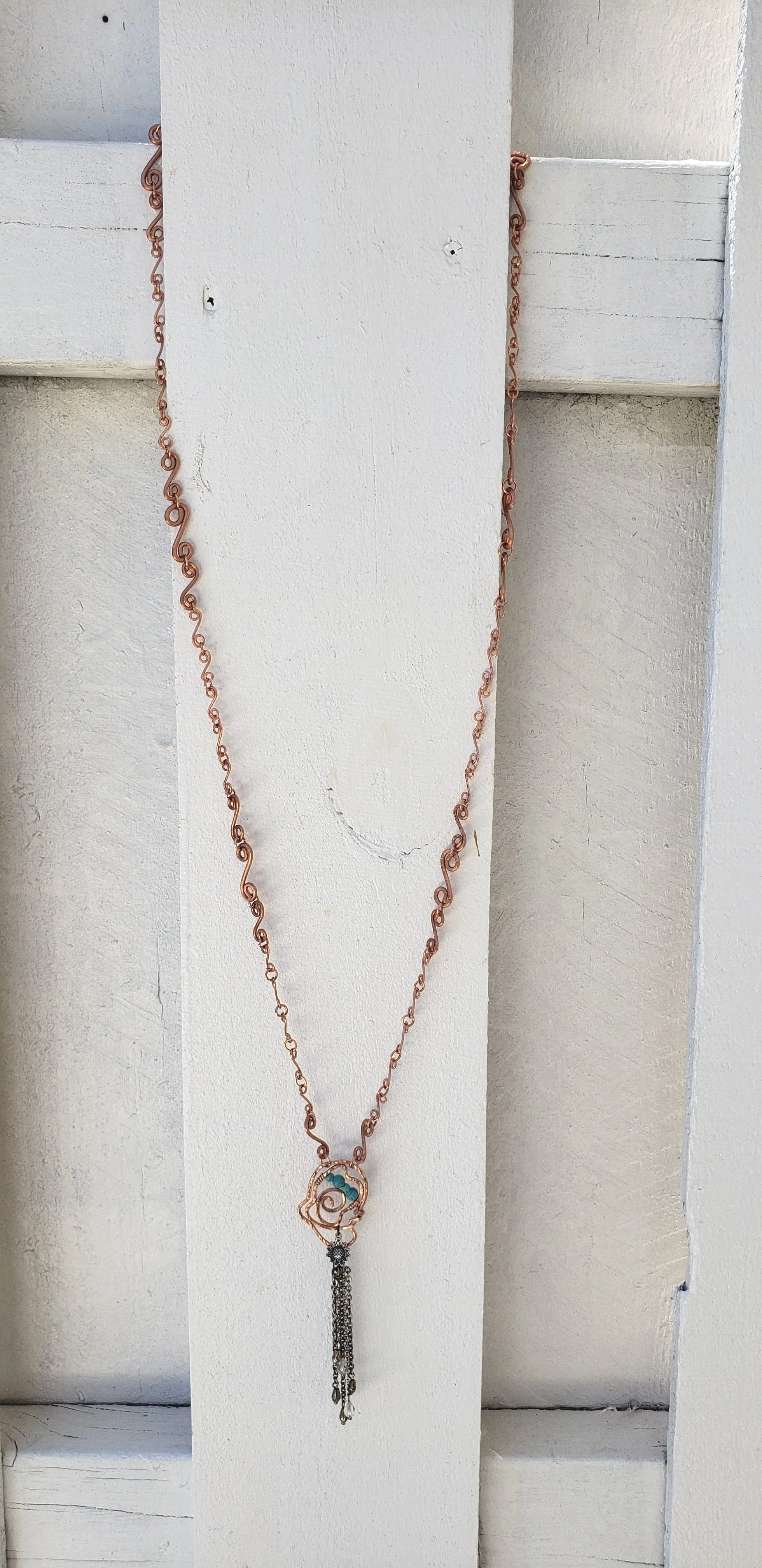 Handmade Solid Copper S-Style Links Long Chain Necklace with Antique Silver Sunflower & Howlite Beads – Boho Jewelry