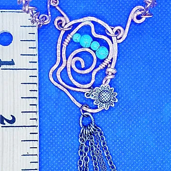 Handmade Solid Copper S-Style Links Long Chain Necklace with Antique Silver Sunflower & Howlite Beads – Boho Jewelry