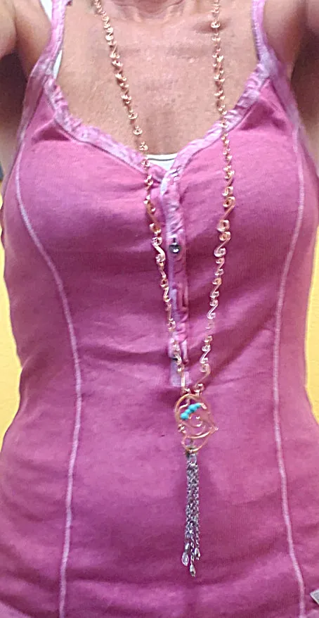 Handmade Solid Copper S-Style Links Long Chain Necklace with Antique Silver Sunflower & Howlite Beads – Boho Jewelry