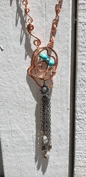 Handmade Solid Copper S-Style Links Long Chain Necklace with Antique Silver Sunflower & Howlite Beads – Boho Jewelry