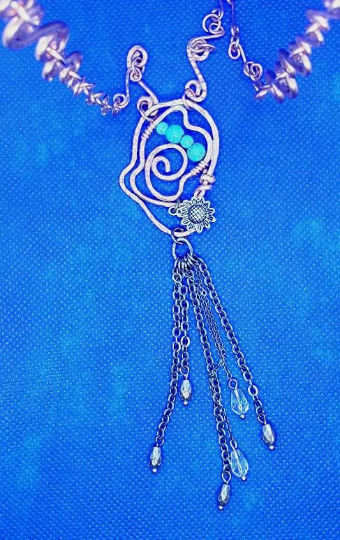 Handmade Solid Copper S-Style Links Long Chain Necklace with Antique Silver Sunflower & Howlite Beads – Boho Jewelry
