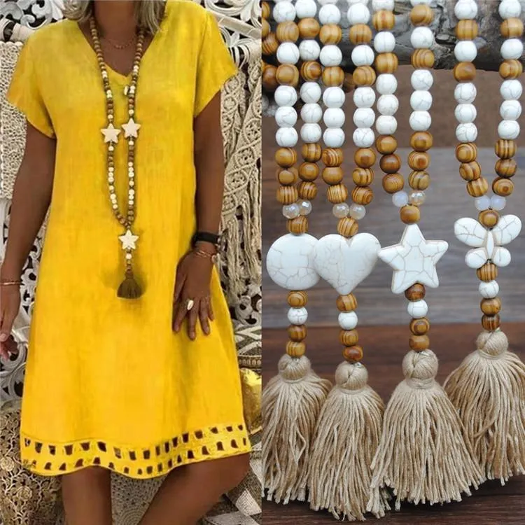 Handmade Wooden Beads Long Necklace & Pendant - Star Shape with Brown Tassel