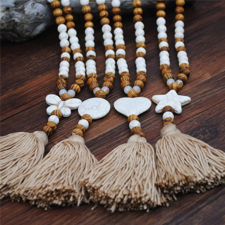 Handmade Wooden Beads Long Necklace & Pendant - Star Shape with Brown Tassel