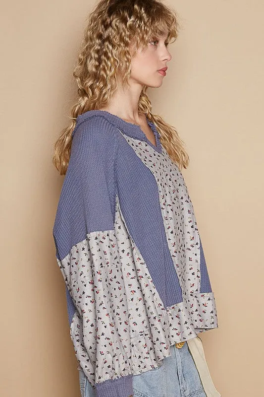 Hazel Blues® |  POL Waffle Knit Floral Notched Long Sleeve Top