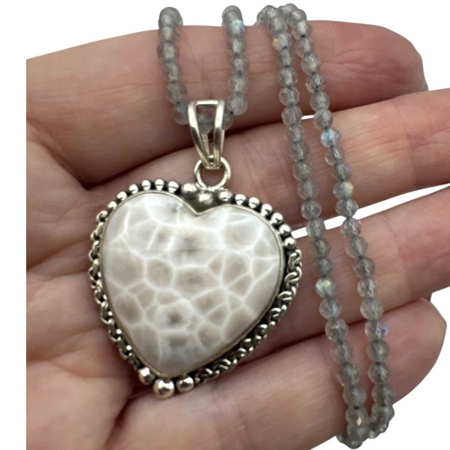 HEART Natrolite Solid 925 Sterling Silver Pendant Necklace